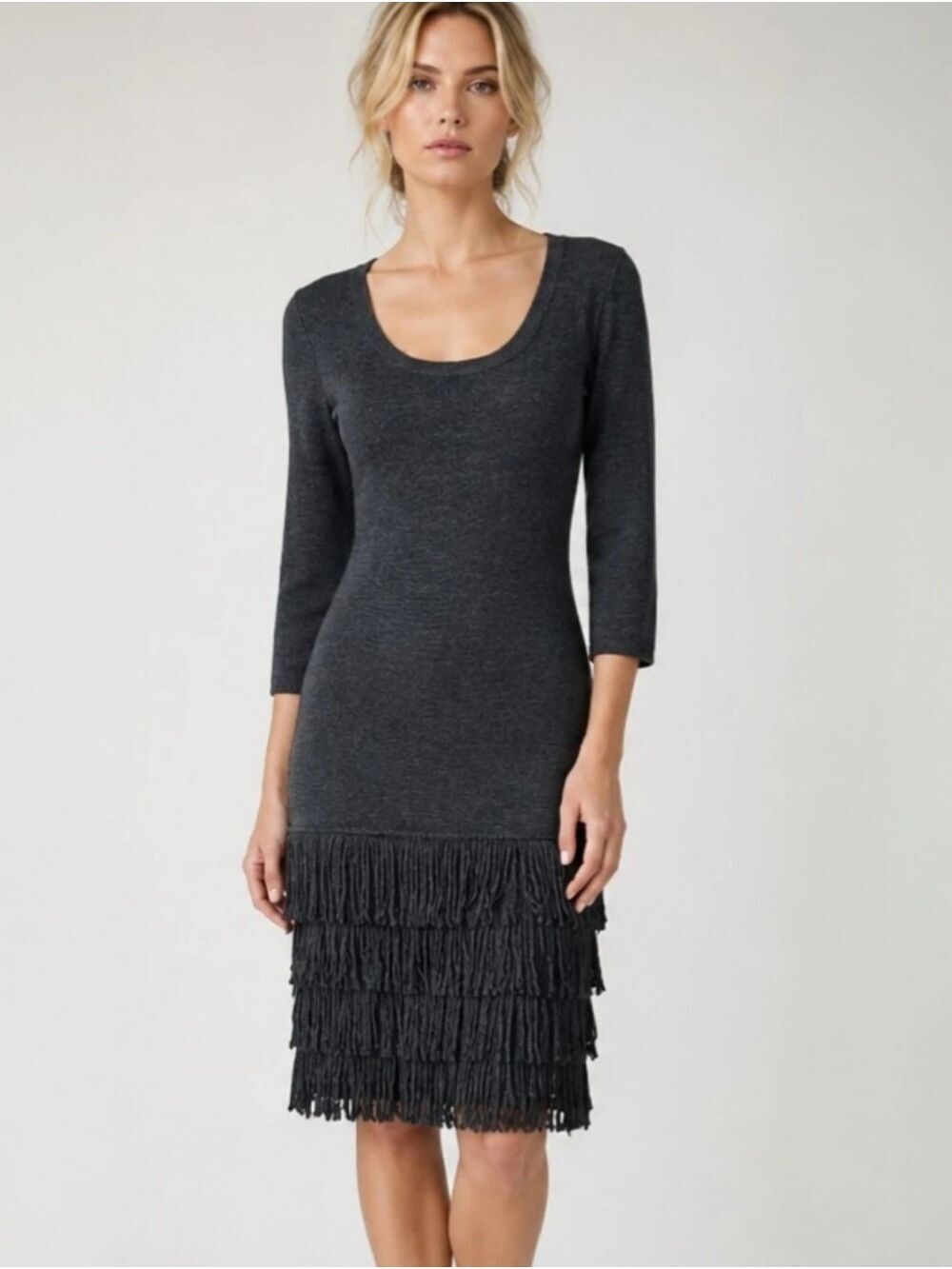 Calvin Klein Charcoal Fringe Hem Knit Dress Small